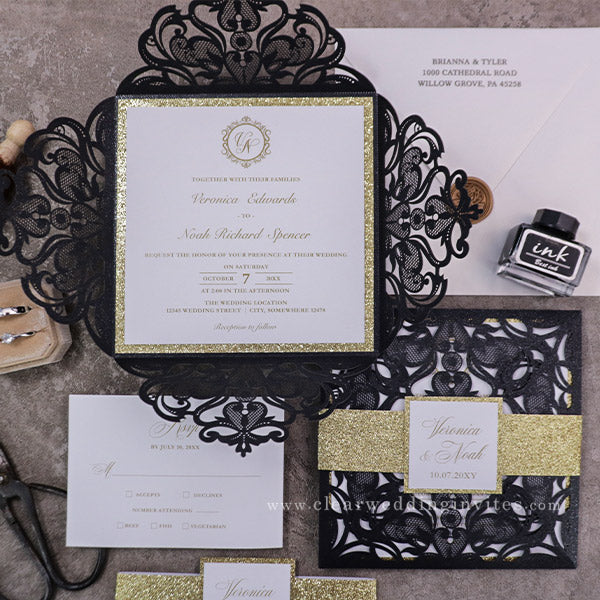 black and gold sparkle laser cut wedding invitations CWIL08