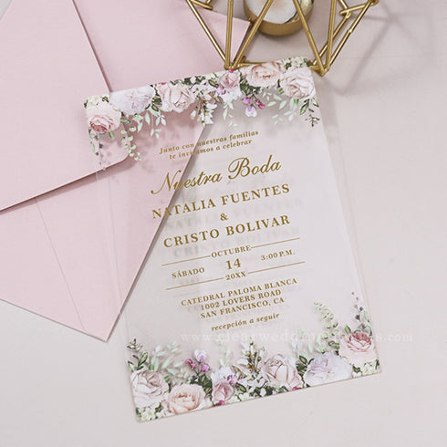 blush pink floral acrylic pocket wedding invitations CWIA269