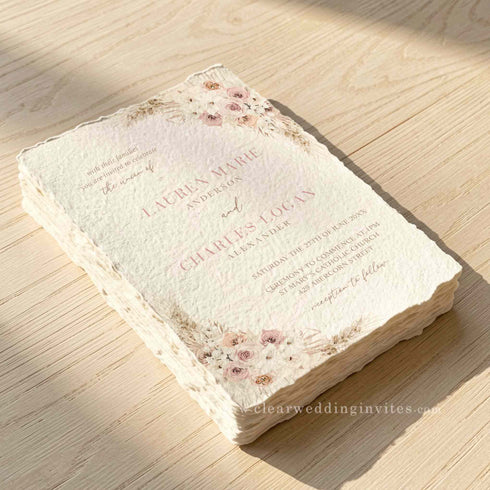 boho dusty rose and pampas grass wedding invitations with deckled edge