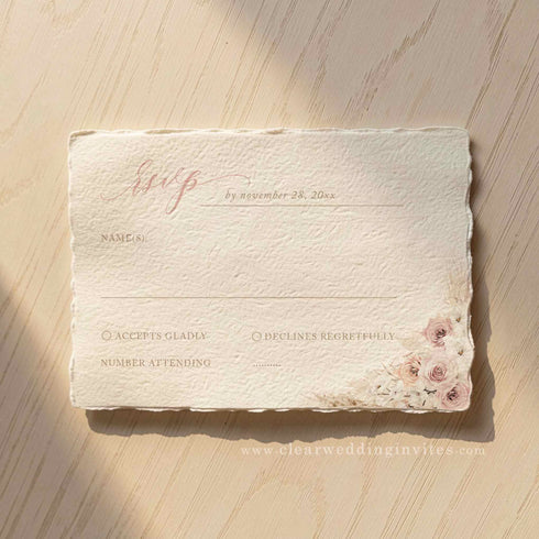 boho dusty rose and pampas grass wedding invitations with deckled edge