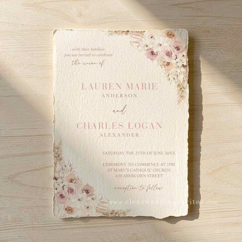 boho dusty rose and pampas grass wedding invitations with deckled edge