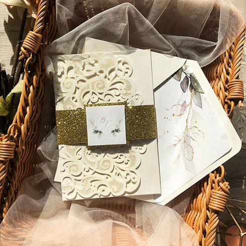 sage green and gold leaves pocket wedding invitations CWIL84