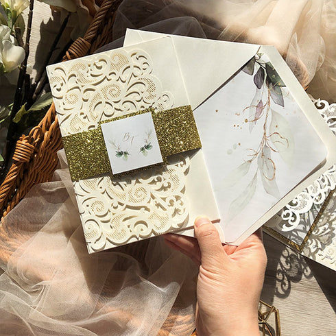 sage green and gold leaves pocket wedding invitations CWIL84