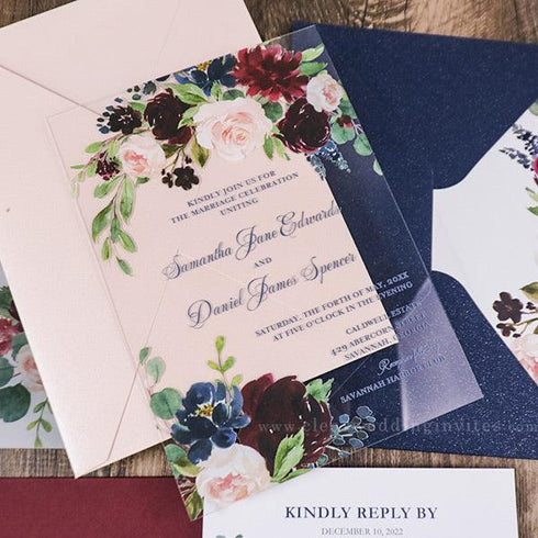 Navy Burgundy and Pink Floral Acrylic Wedding Invitations CWIA235