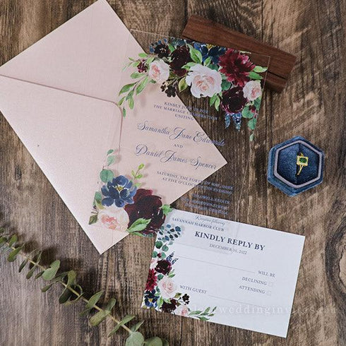 Navy Burgundy and Pink Floral Acrylic Wedding Invitations CWIA235