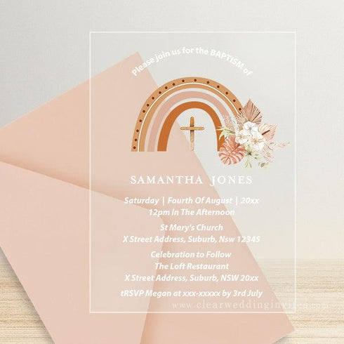 chic cute rust boho floral rainbow acrylic baptism invite CWIBP26