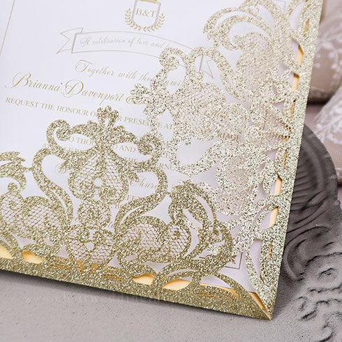 classic gold foliage monogram glitter lace wedding invitations CWIL101