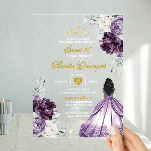 Royal Purple Gold Floral Princess Sweet 16 Invitations