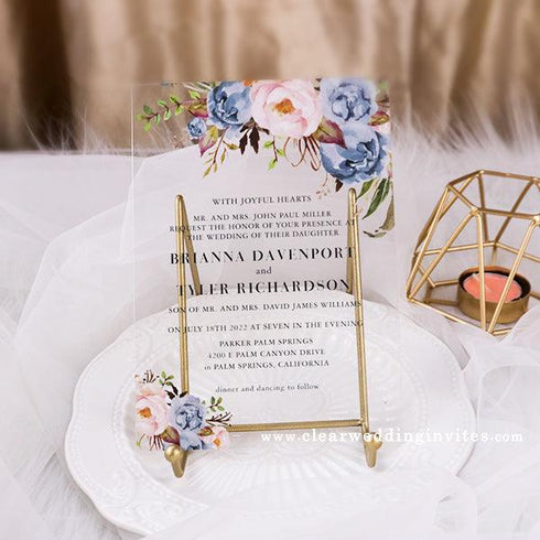 rustic dusty blue and blush pink floral acrylic wedding invites CWIA260 - Clear Wedding Invites