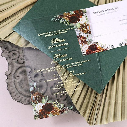 Orange Burgundy Ivory Floral Gold Greenery Acrylic Wedding Invitation CWIA234