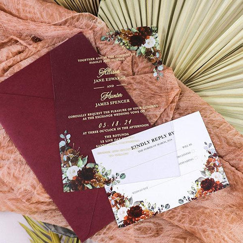 Orange Burgundy Ivory Floral Gold Greenery Acrylic Wedding Invitation CWIA234
