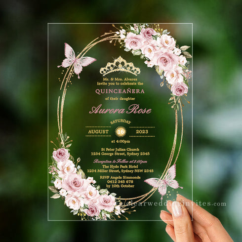 dusty pink and rose gold 15th acrylic quince Invitation CWIA93