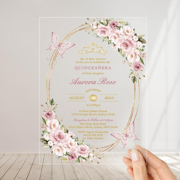 Clear quince invitations, pink quinceanera invitations, birthday