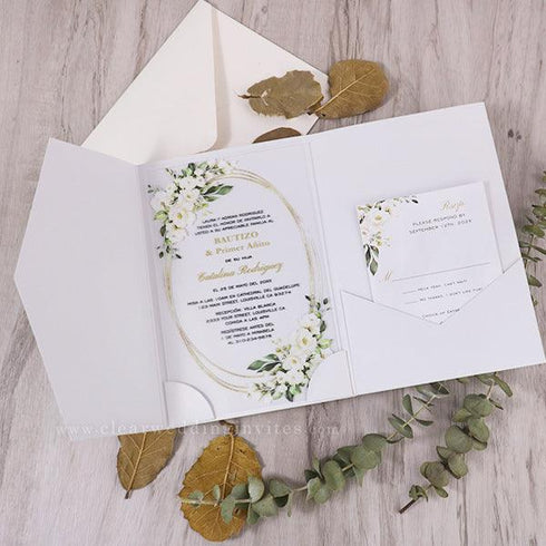 elegant white floral framed formal pocket wedding invitations CWIA215