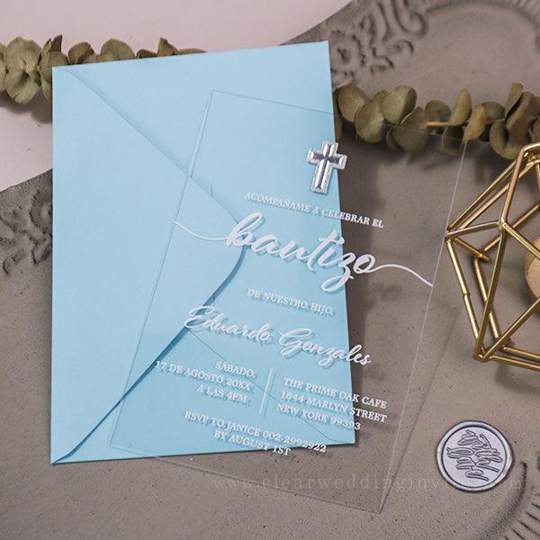 elegant shiny cross baptism acrylic invitation boys girls CWIBP30