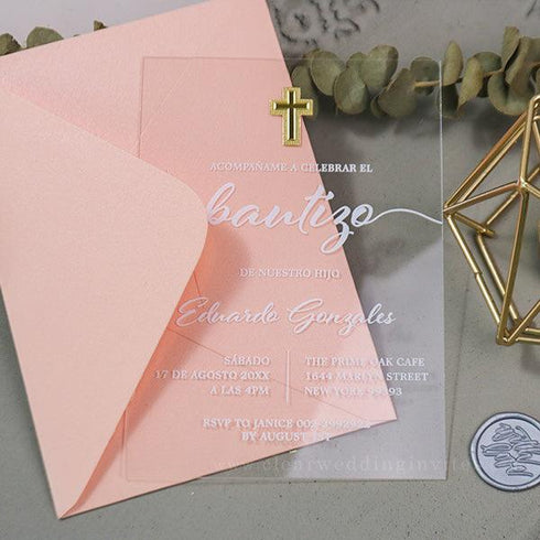 elegant shiny cross baptism acrylic invitation boys girls CWIBP30