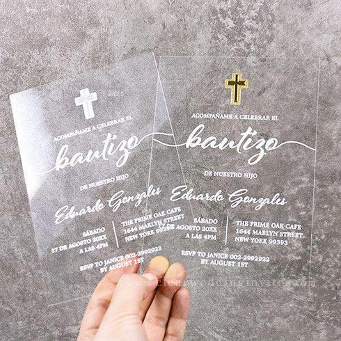 elegant shiny cross baptism acrylic invitation boys girls CWIBP30