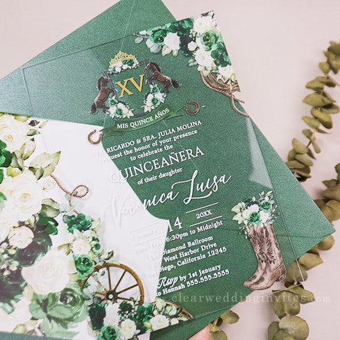 emerald green floral crest charro acrylic quinceanera invitation CWIA250