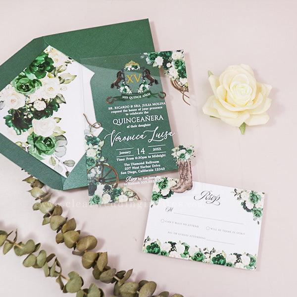 emerald green floral crest charro acrylic quinceanera invitation CWIA250