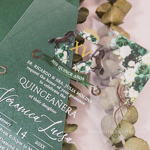 emerald green floral crest charro acrylic quinceanera invitation CWIA250
