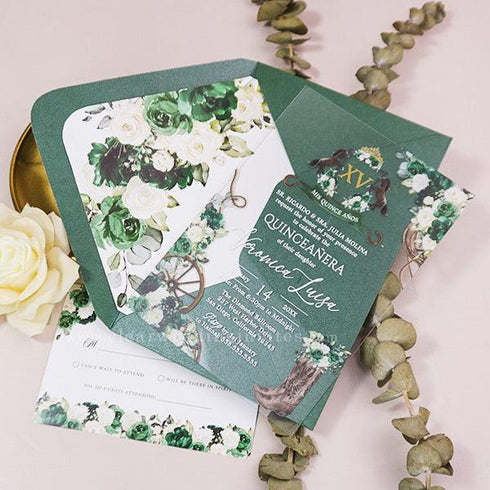 emerald green floral crest charro acrylic quinceanera invitation CWIA250