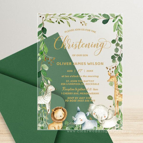 fun jungle animals safari zoo acrylic baptism invitation CWIBP25