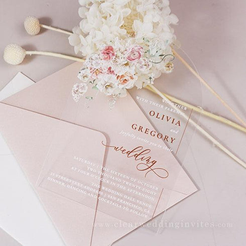 bohemian whimsical coral and terracotta floral arch acrylic wedding invitation CWIA207