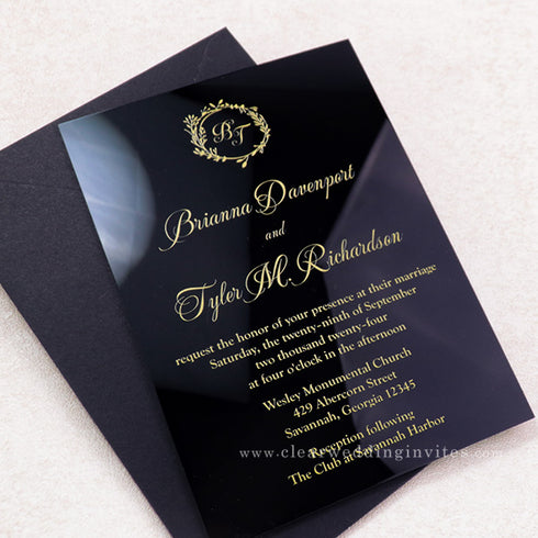 gold foliage black acrylic wedding invitations
