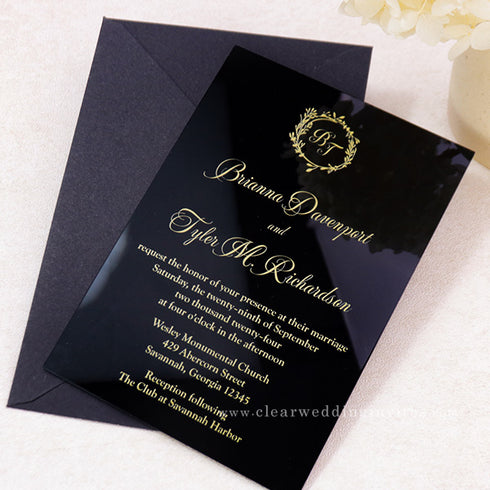 gold foliage black acrylic wedding invitations