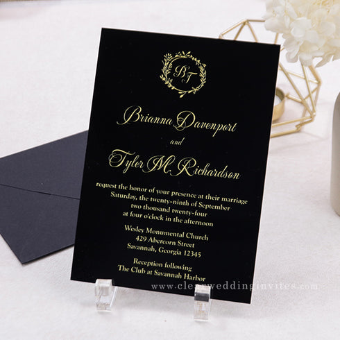 gold foliage black acrylic wedding invitations