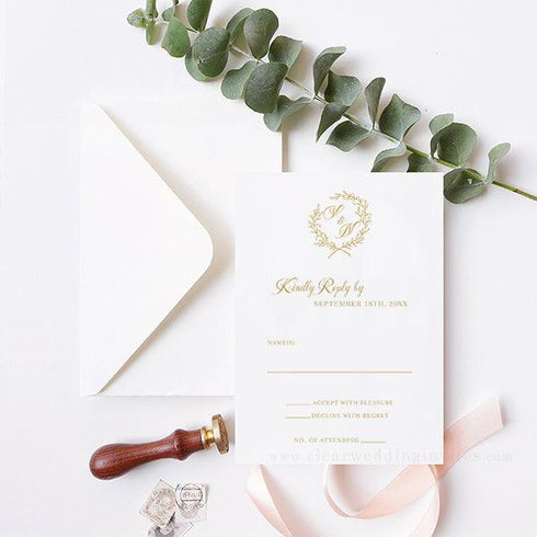 gold branch monogram formal pocket acrylic wedding invitations CWIA256