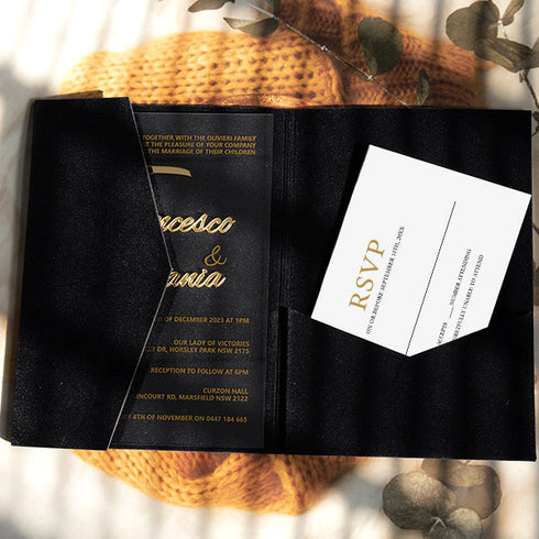 Gold Foil Acrylic Wedding Invitations with Black Velvet Pockets