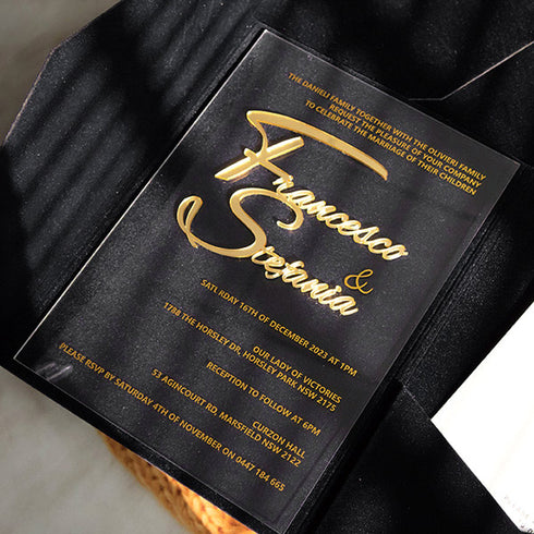 Gold Foil Acrylic Wedding Invitations with Black Velvet Pockets