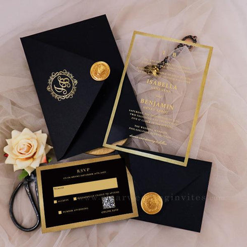 gold foil print formal framed acrylic wedding invitations CWIFI10