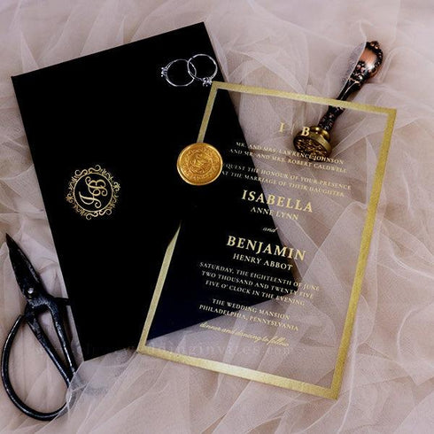 gold foil print formal framed acrylic wedding invitations CWIFI10