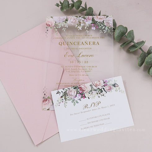 pink blush floral acrylic Quinceañera Invitations
