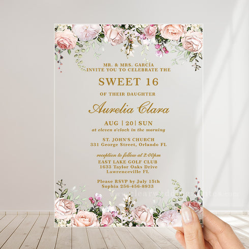 pink blush floral acrylic sweet 16 Invitations CWIA125