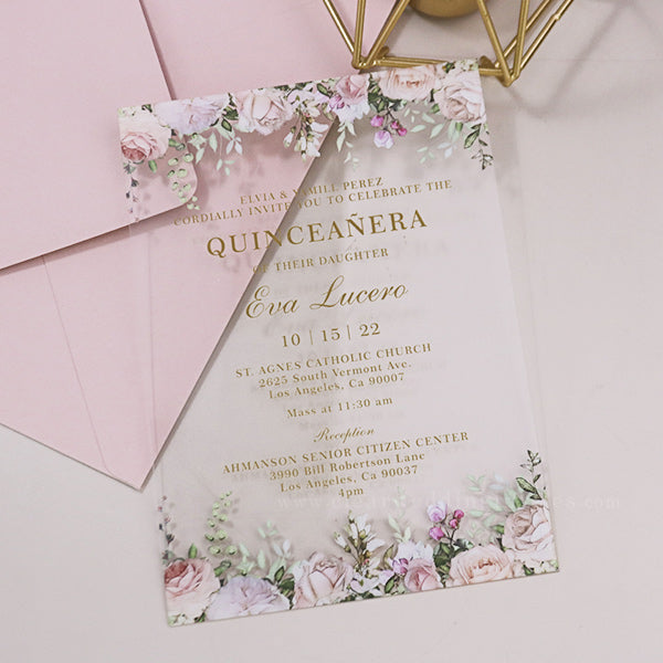 greenery pink blush floral acrylic Quinceañera Invitations CWIA125