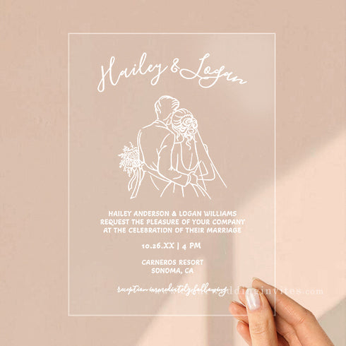 illustrated bride and groom Acrylic Wedding Invitations