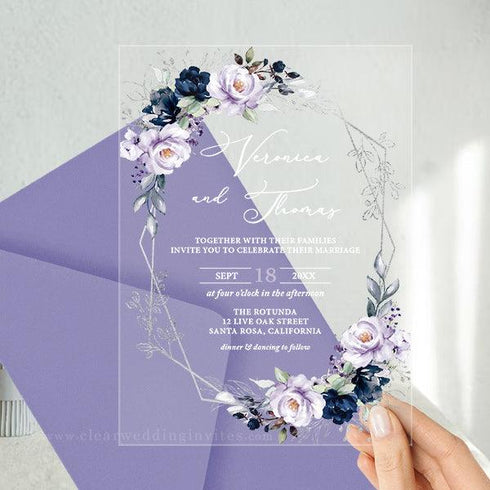 lavender purple and navy florals acrylic wedding invitations CWIA186