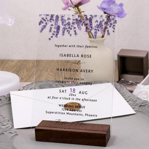 lavender purple acrylic pocket wedding invitations CWIA255