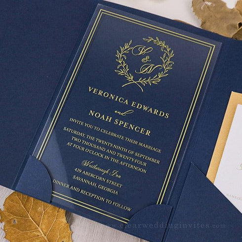 gold branch monogram formal pocket acrylic wedding invitations CWIA256