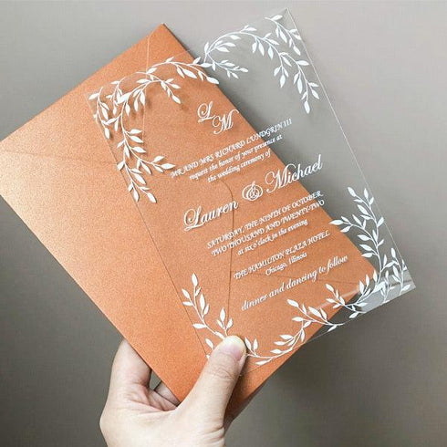 Elegant Monogram Affordable Leaf Border Acrylic Wedding Invitations CWIA21