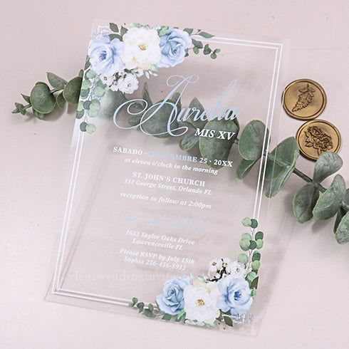 light blue and ivory floral script acrylic quinceanera invitations CWIA189
