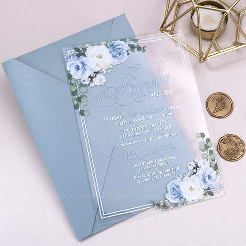 light blue and ivory floral script acrylic quinceanera invitations CWIA189
