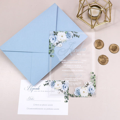 light blue and ivory floral script acrylic quinceanera invitations CWIA189