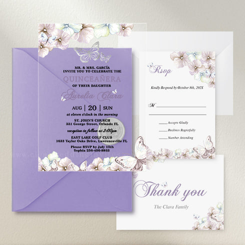 light purple and green floral acrylic butterfly invitations CWIA118