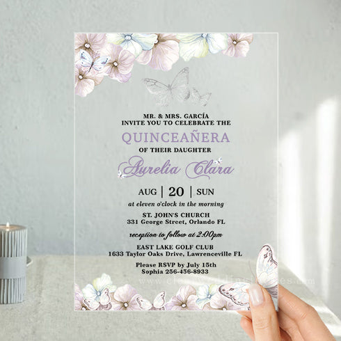 light purple and green floral acrylic butterfly invitations CWIA118