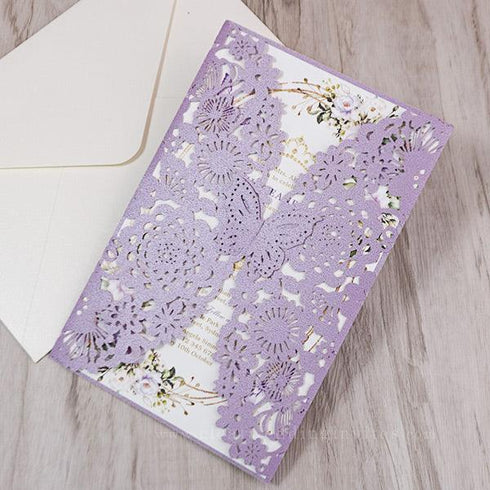 lilac purple with butterflies laser cut sweet 16 quinceanera invitations  CWIL100