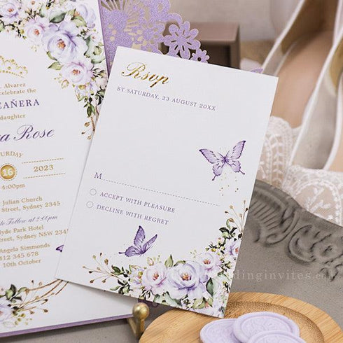 lilac purple with butterflies laser cut sweet 16 quinceanera invitations  CWIL100